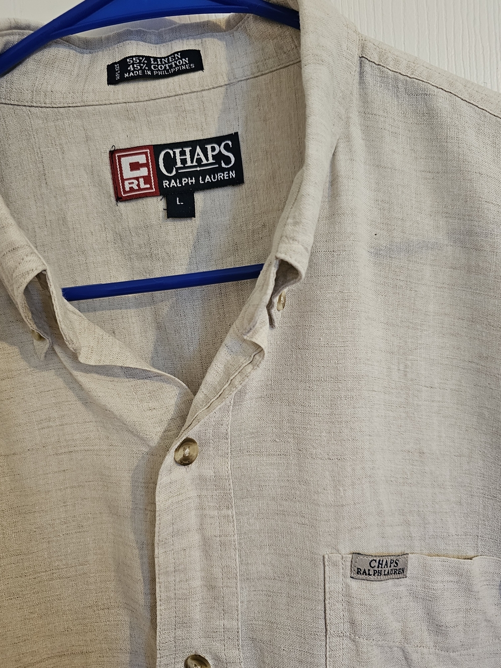 Chaps Men's Short-Sleeve Linen Blend, Button-Down Shirt in Beige - Picture 2 of 4
